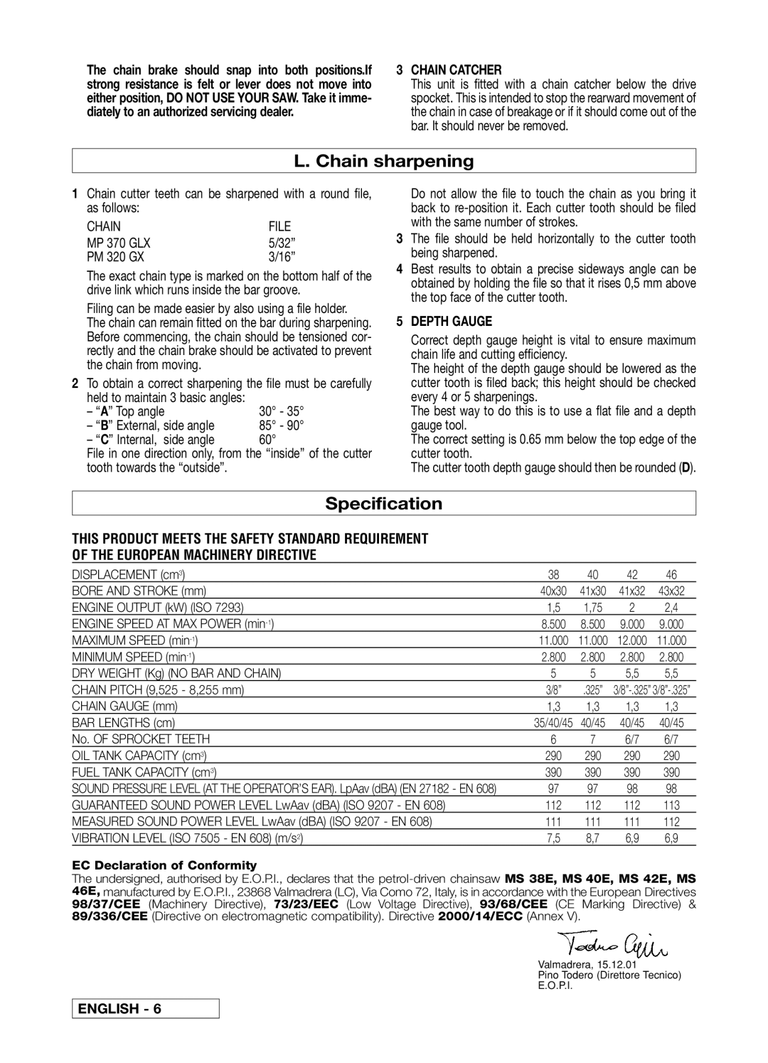 Electrolux 46 II 46 CC, 95390048100, 95390036100, 95390036300 Chain sharpening, Specification, Chain Catcher, Depth Gauge 