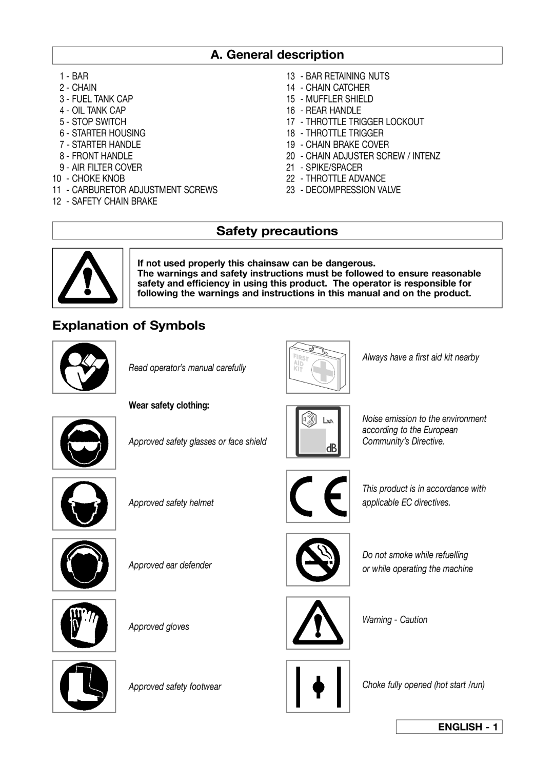 Electrolux 95390028400 A. General description, Safety precautions, Explanation of Symbols, Wear safety clothing, English 