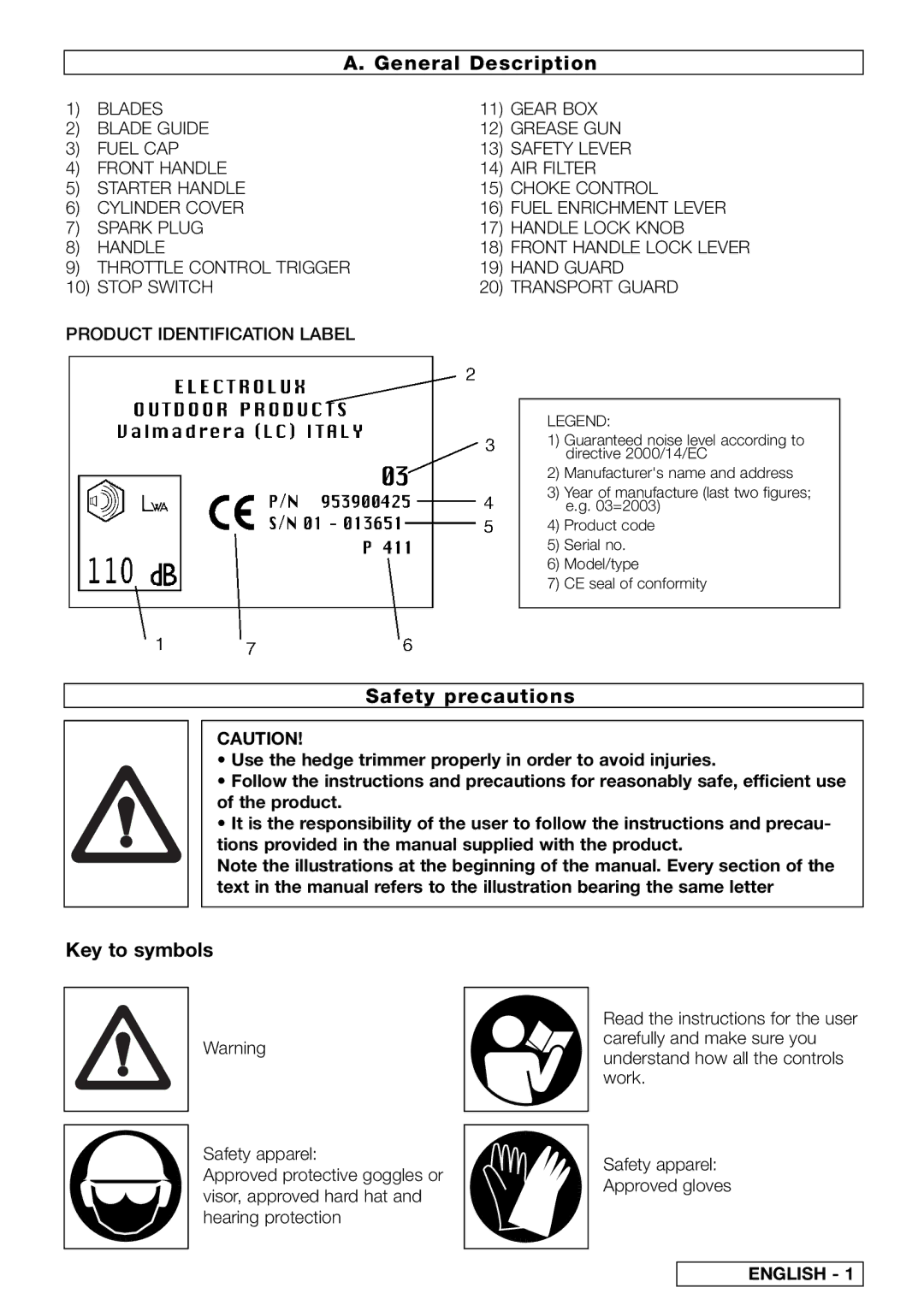 Electrolux 95390000600, 95390052200, 95390053800, 95390000700 General Description, Safety precautions, Key to symbols 