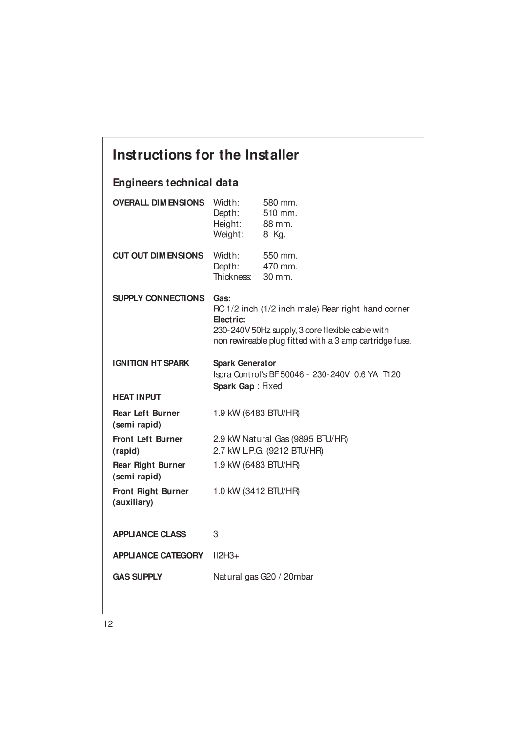 Electrolux 95602 G, 95604 G, 95601 G, 95600 G Instructions for the Installer, Engineers technical data 