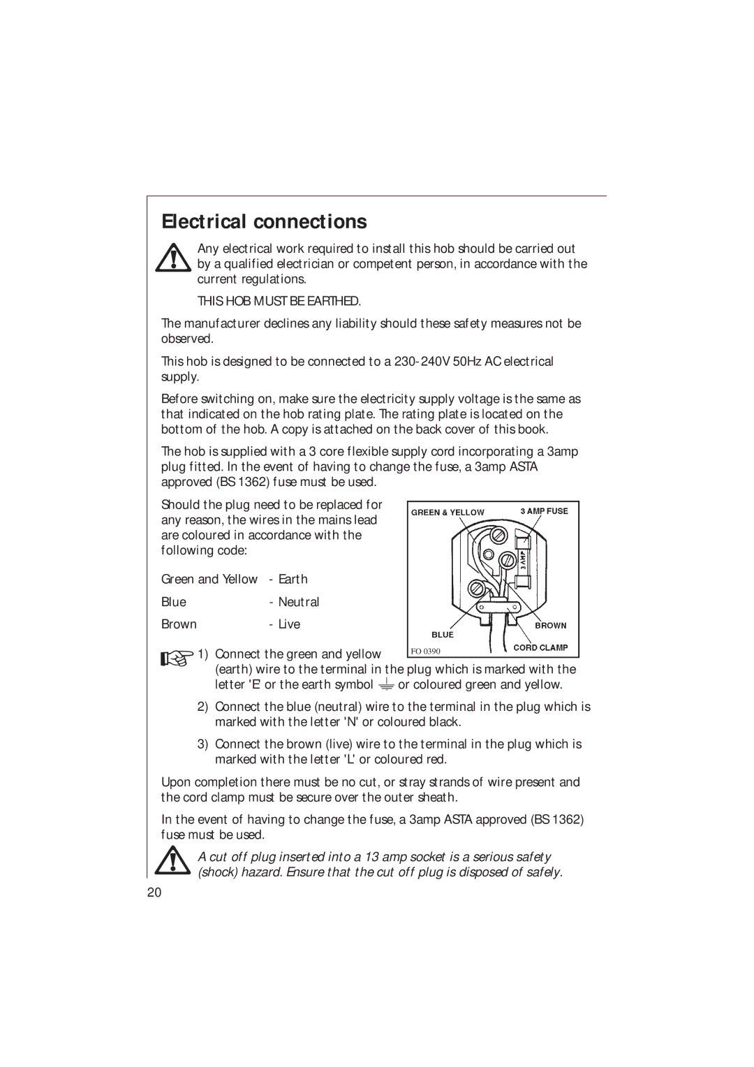 Electrolux 95602 G, 95604 G, 95601 G, 95600 G installation instructions Electrical connections, This HOB Must be Earthed 