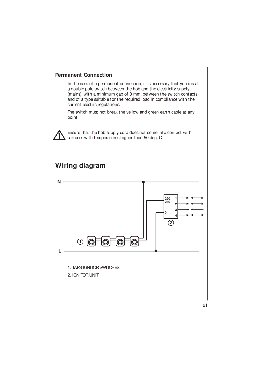 Electrolux 95604 G, 95602 G, 95601 G, 95600 G installation instructions Wiring diagram, Permanent Connection 