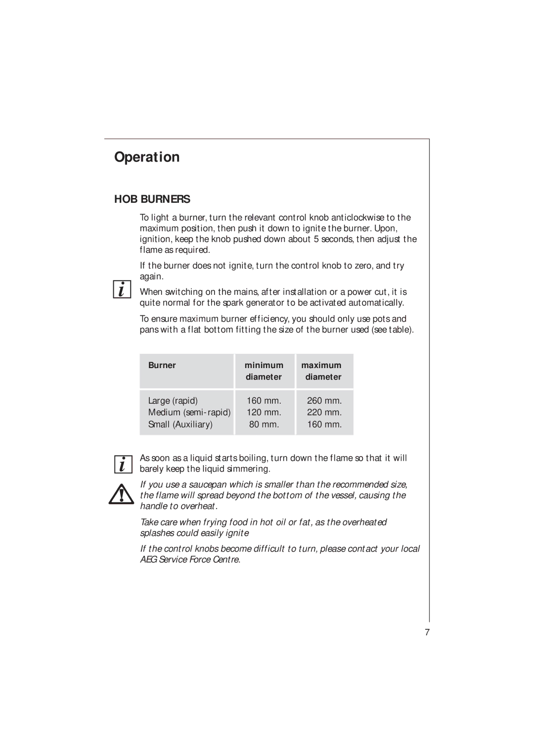 Electrolux 95600 G, 95602 G, 95604 G, 95601 G installation instructions Operation, HOB Burners 