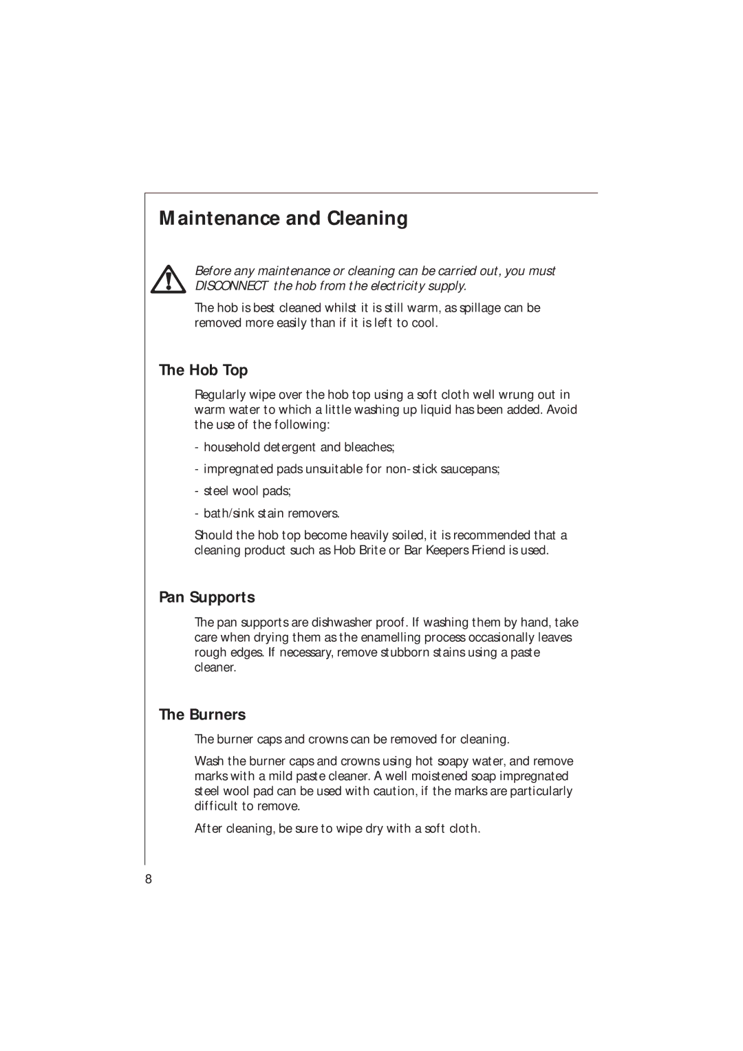 Electrolux 95602 G, 95604 G, 95601 G, 95600 G Maintenance and Cleaning, Hob Top, Pan Supports, Burners 