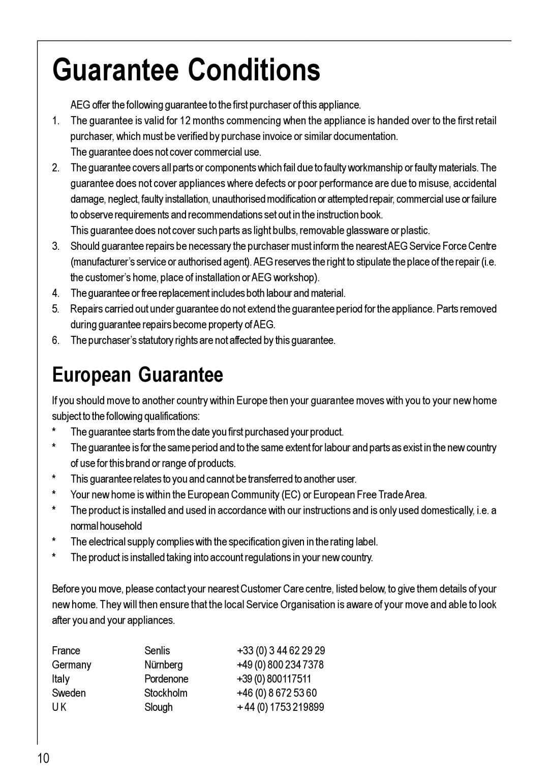 Electrolux 95752 G manual Guarantee Conditions, European Guarantee 