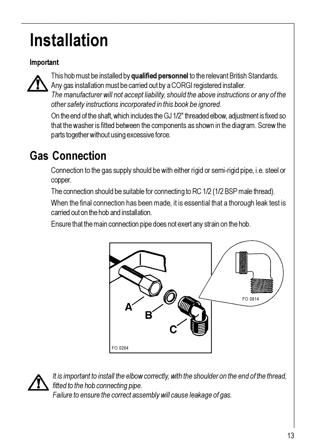 Electrolux 95752 G manual Installation, Gas Connection 