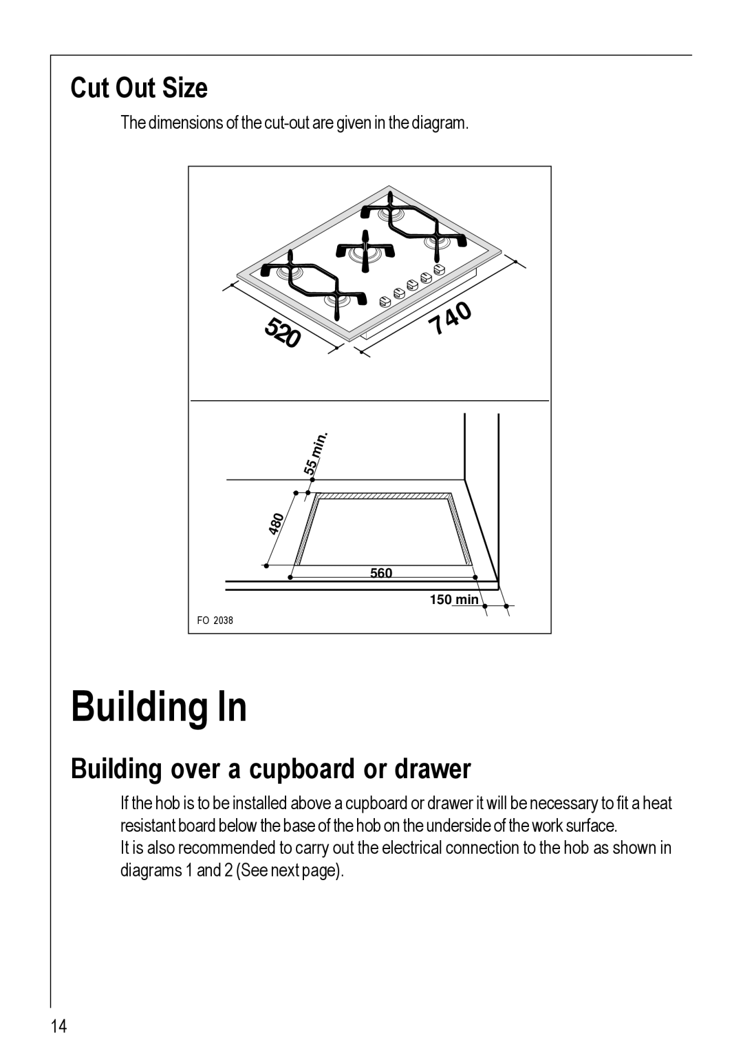 Electrolux 95752 G manual Cut Out Size, Building over a cupboard or drawer 