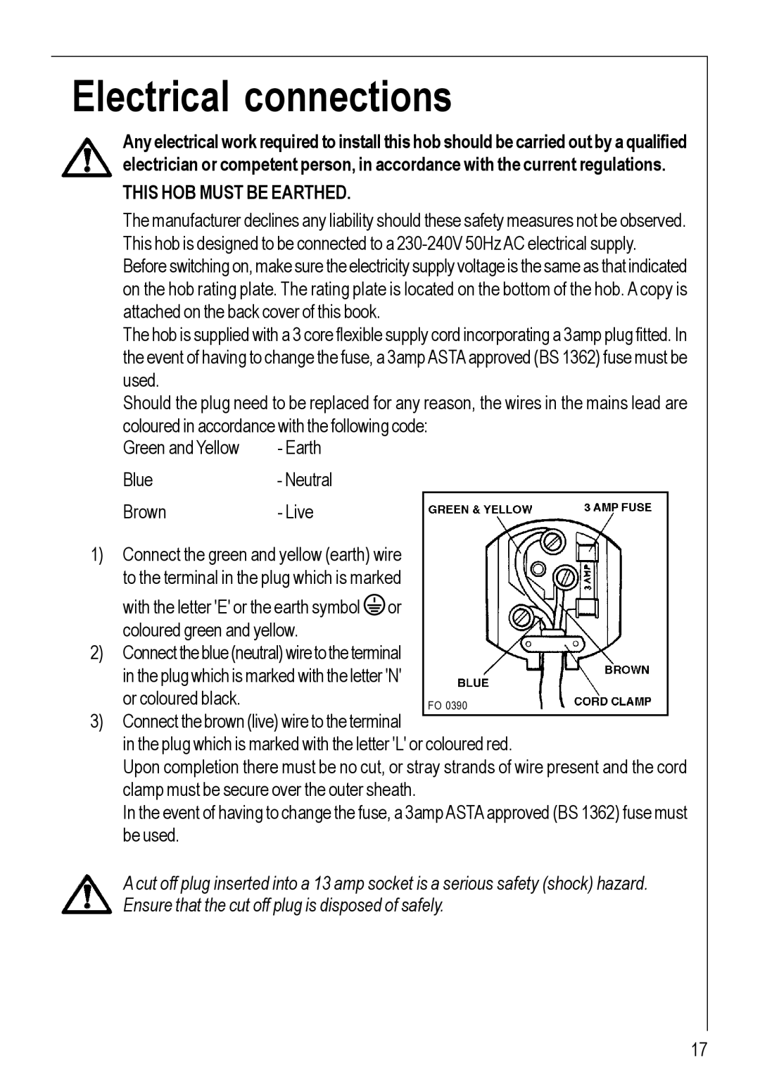 Electrolux 95752 G manual Electrical connections, This HOB Must be Earthed 