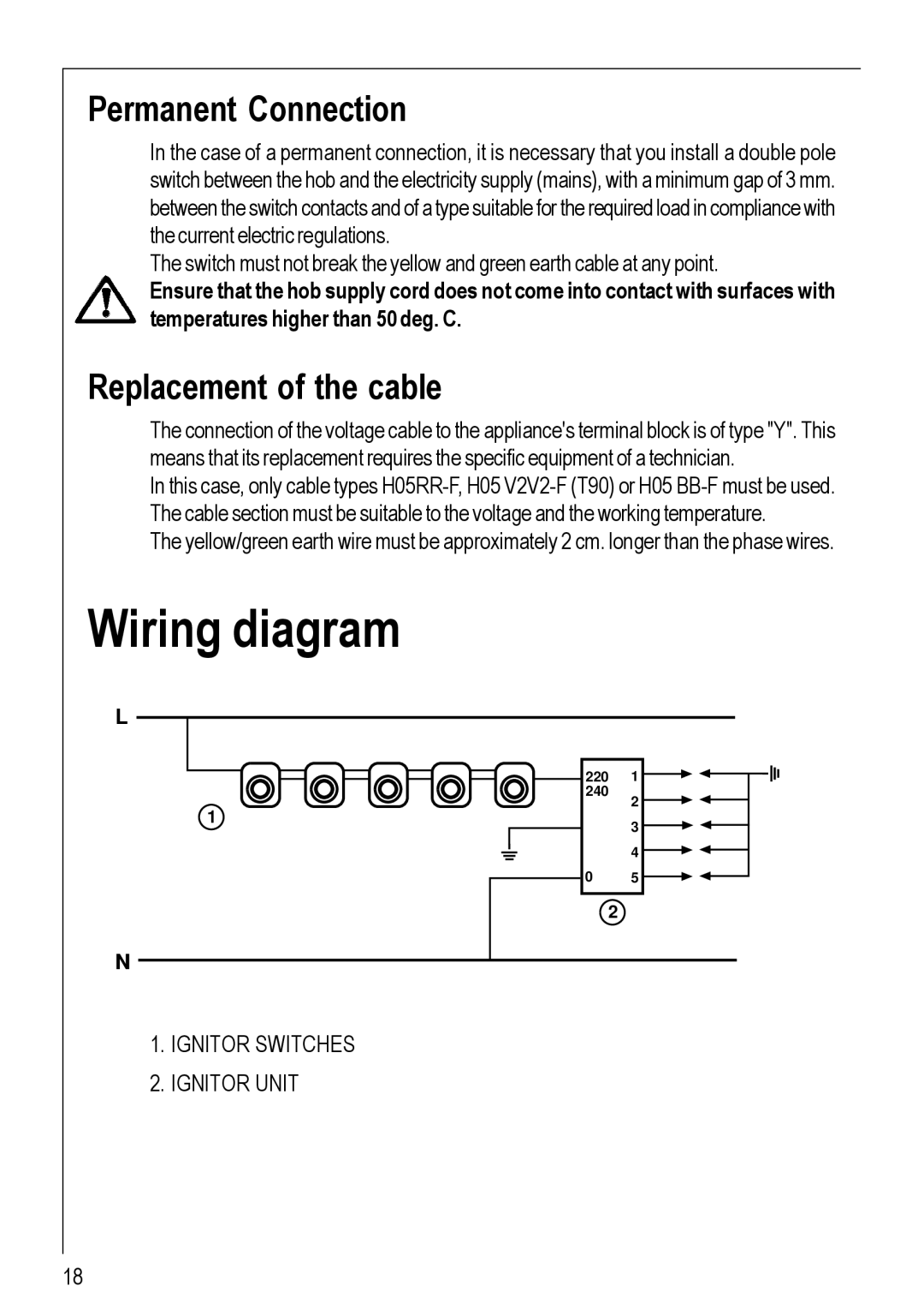 Electrolux 95752 G manual Wiring diagram, Permanent Connection, Replacement of the cable 