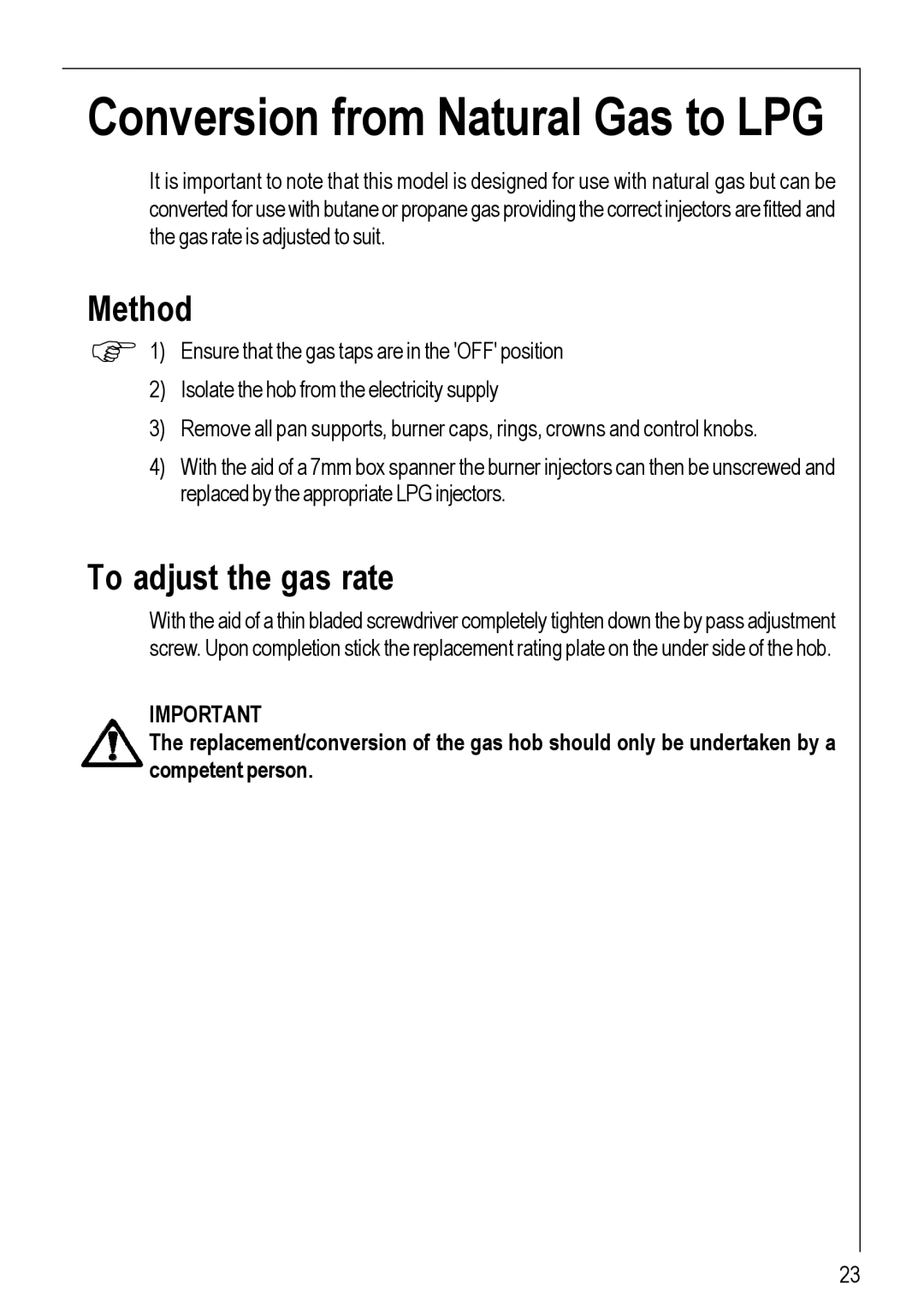 Electrolux 95752 G manual Method, To adjust the gas rate 