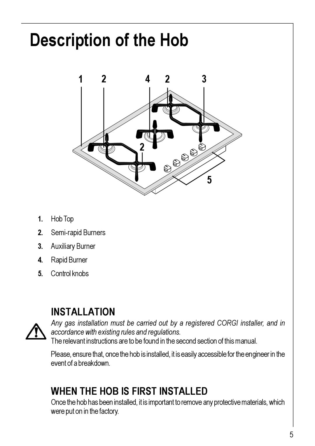 Electrolux 95752 G manual Description of the Hob, Installation 