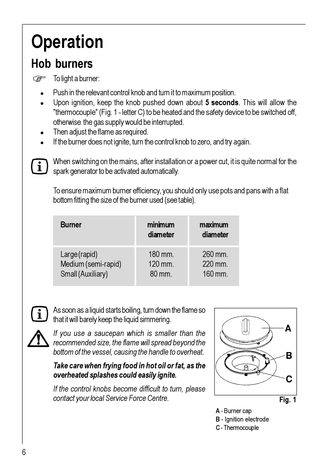 Electrolux 95752 G manual Operation, Hob burners 