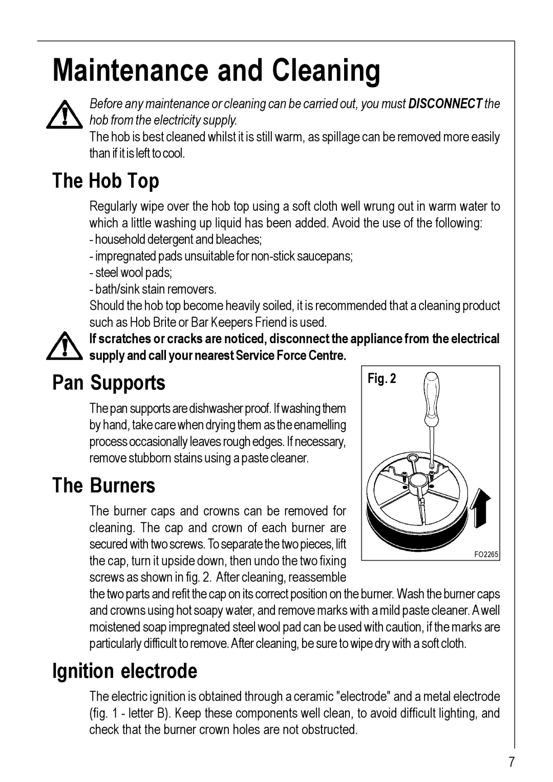 Electrolux 95752 G manual Maintenance and Cleaning, Hob Top, Pan Supports, Burners, Ignition electrode 