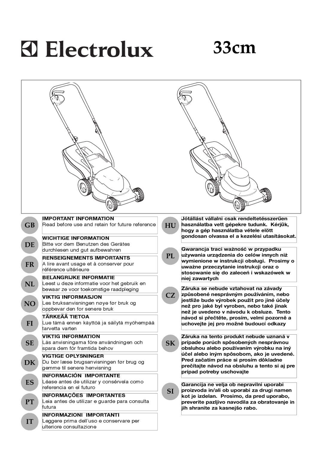 Electrolux M8033 E manual Important Information, Wichtige Information, Renseignements Importants, Belangrijke Informatie 