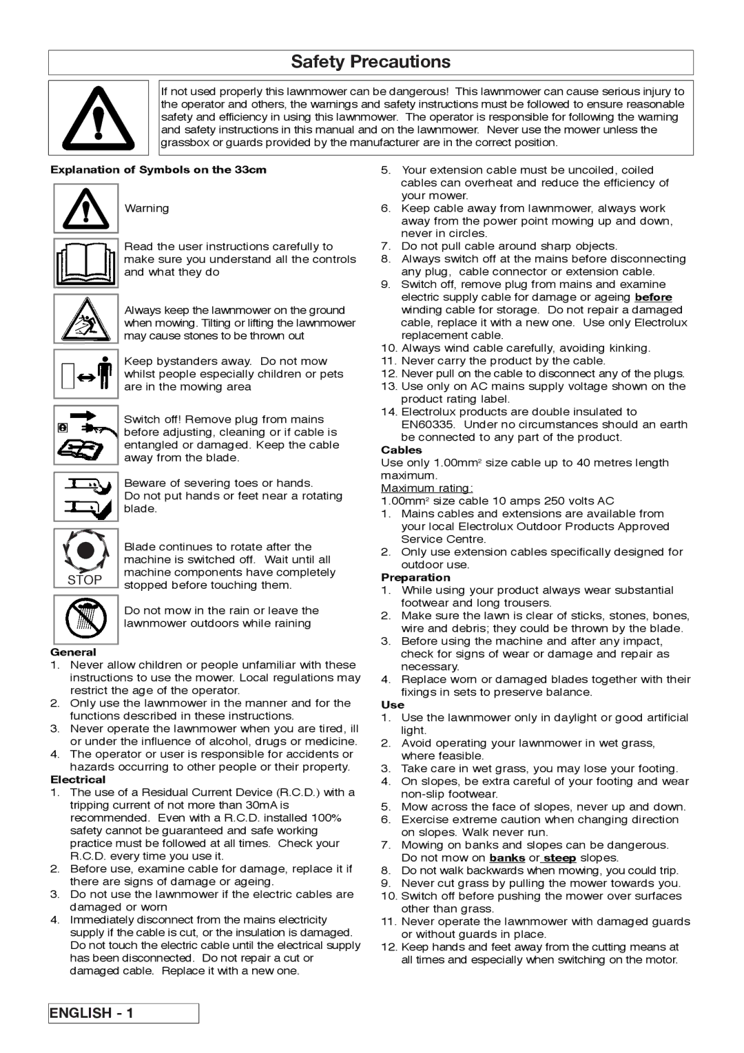 Electrolux 96432086400, M8033 E, 1033 E Explanation of Symbols on the 33cm, General, Electrical, Cables, Preparation, Use 