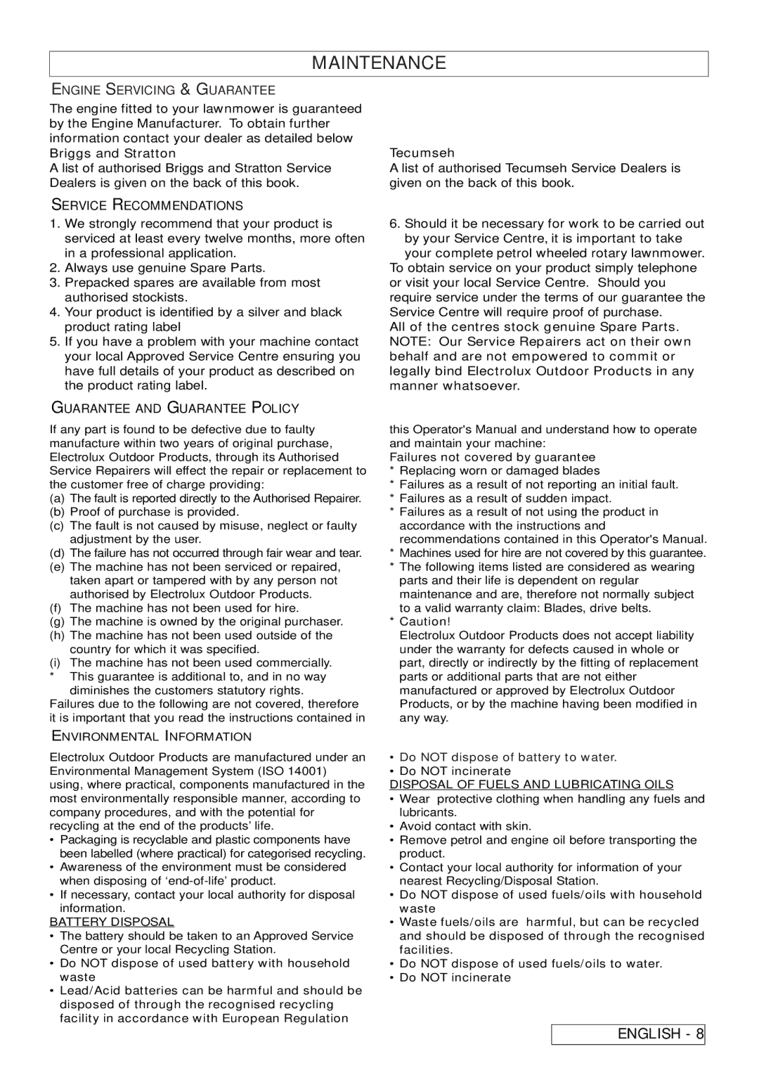 Electrolux 5048PD, 4045PDE Engine Servicing & Guarantee, Service Recommendations, Guarantee and Guarantee Policy, Tecumseh 