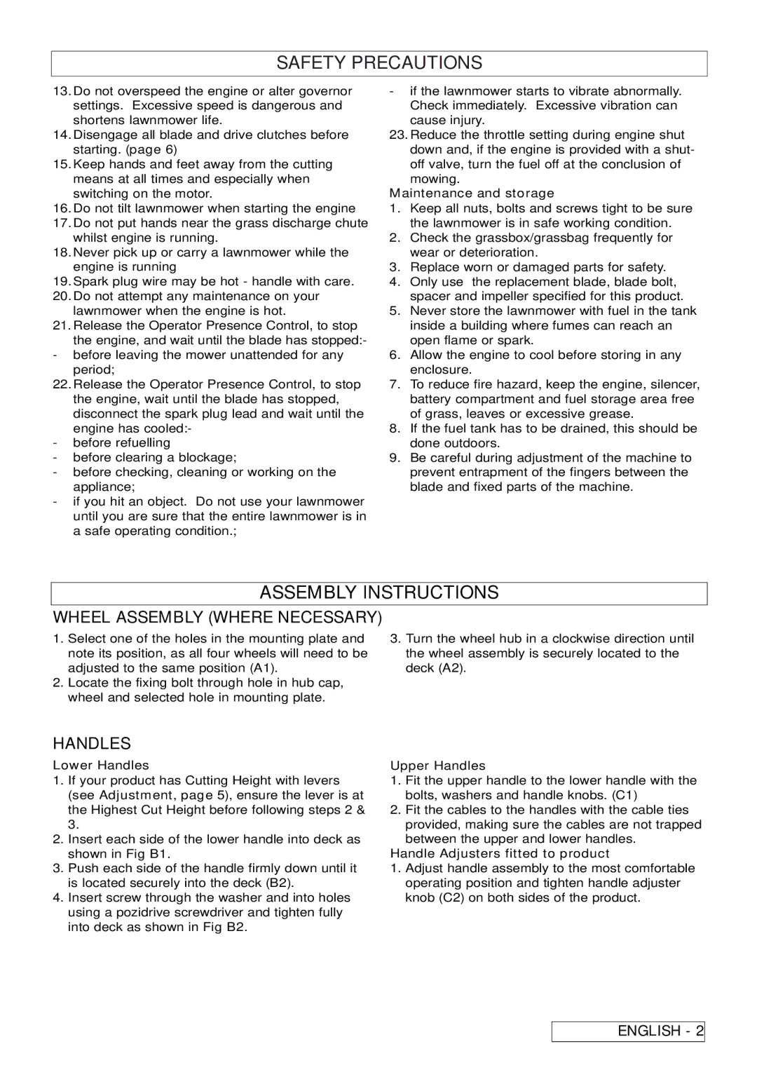 Electrolux LM47P, 96454910400, 96454910300 Assembly Instructions, Maintenance and storage, Lower Handles, Upper Handles 