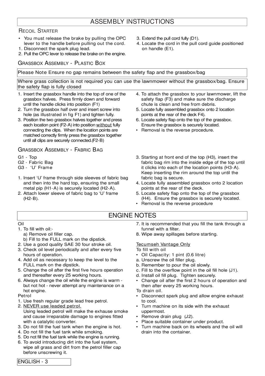 Electrolux LM47PDE, 96454910400, 5048PD Assembly Instructions, Engine Notes, Recoil Starter, Grassbox Assembly Plastic BOX 