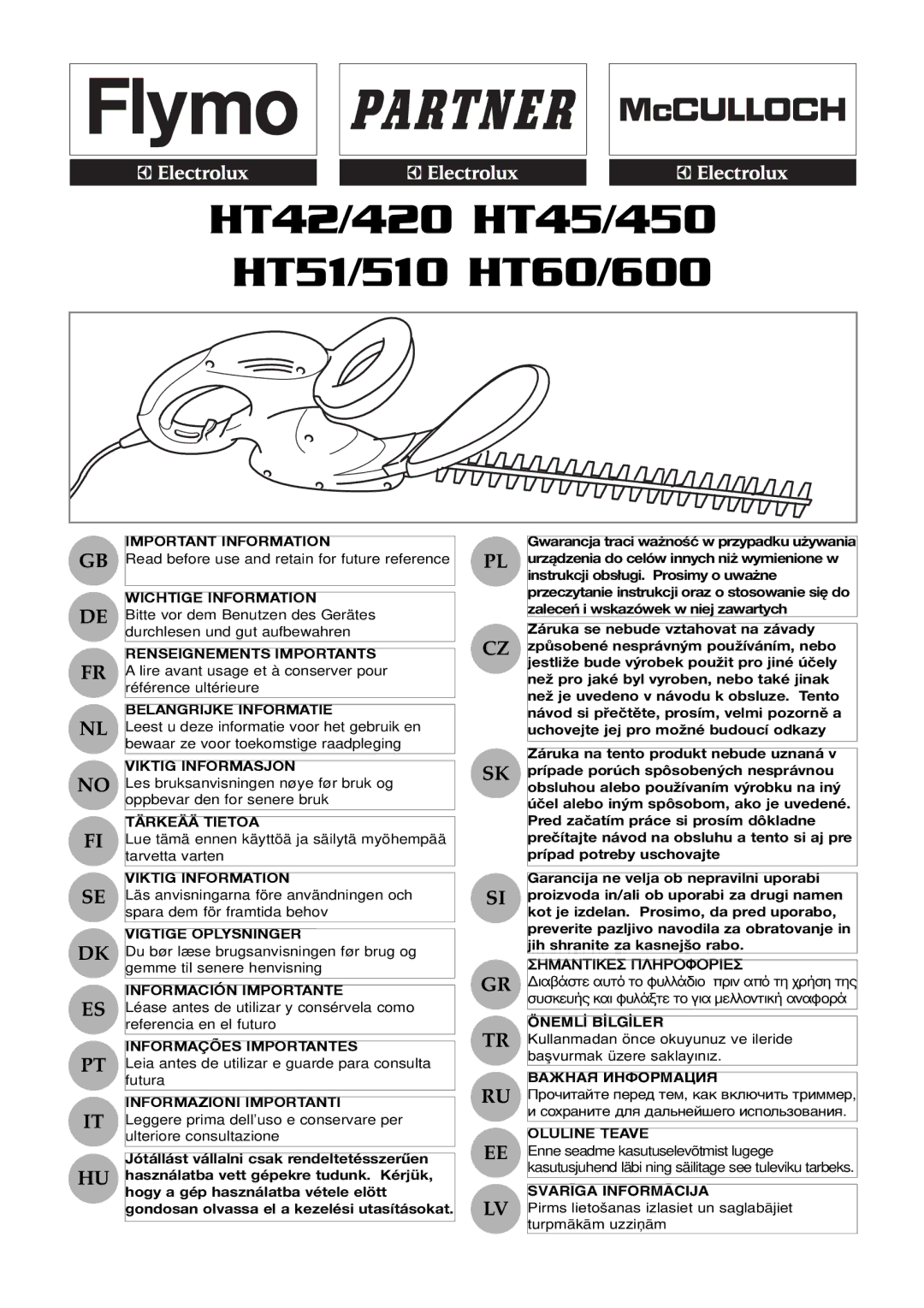 Electrolux 96481486200, 96481576200, 96481476200 manual HT42/420 HT45/450 HT51/510 HT60/600 