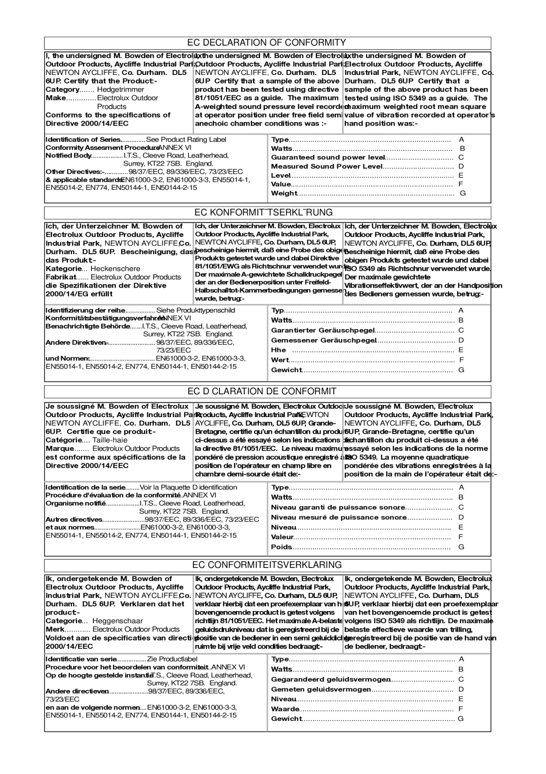 Electrolux 96481486200, 96481576200 EC Declaration of Conformity, EC Konformitätserklärung, EC Déclaration DE Conformité 