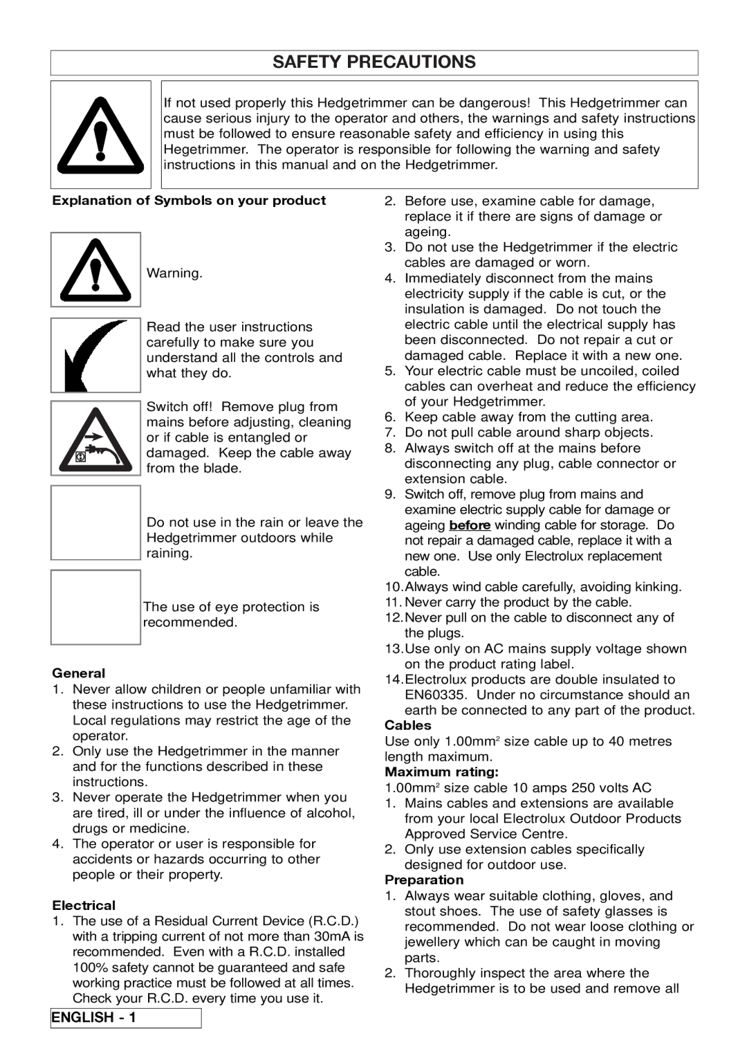 Electrolux 96481576200 Explanation of Symbols on your product, General, Electrical, Cables, Maximum rating, Preparation 