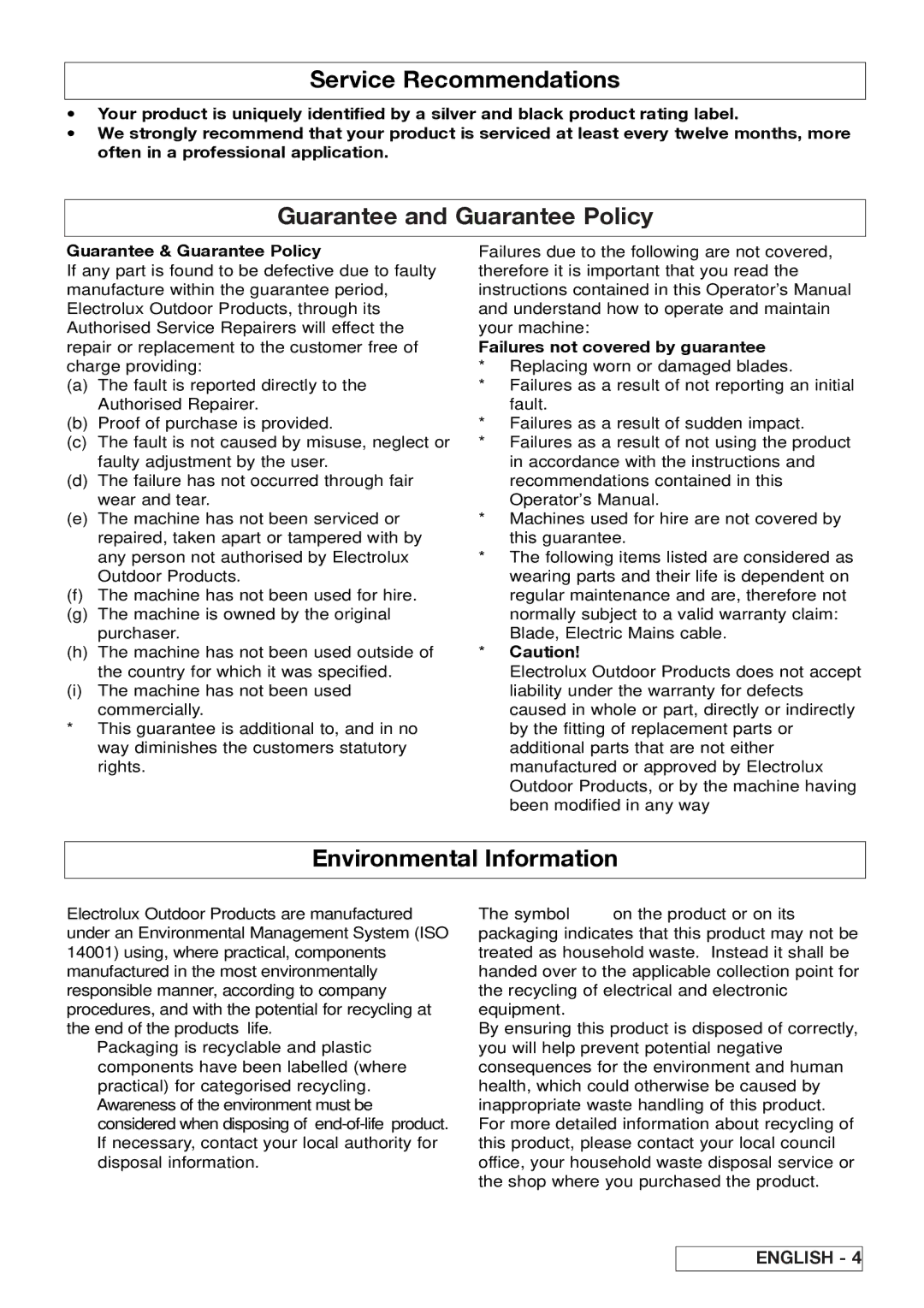 Electrolux 96481576200, 96481486200 manual Service Recommendations, Environmental Information, Guarantee & Guarantee Policy 
