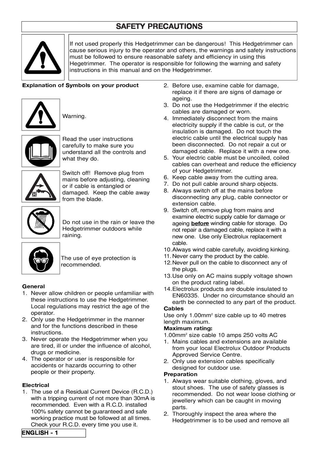 Electrolux 96481576200 Safety Precautions, English, Explanation of Symbols on your product, General, Electrical, Cables 