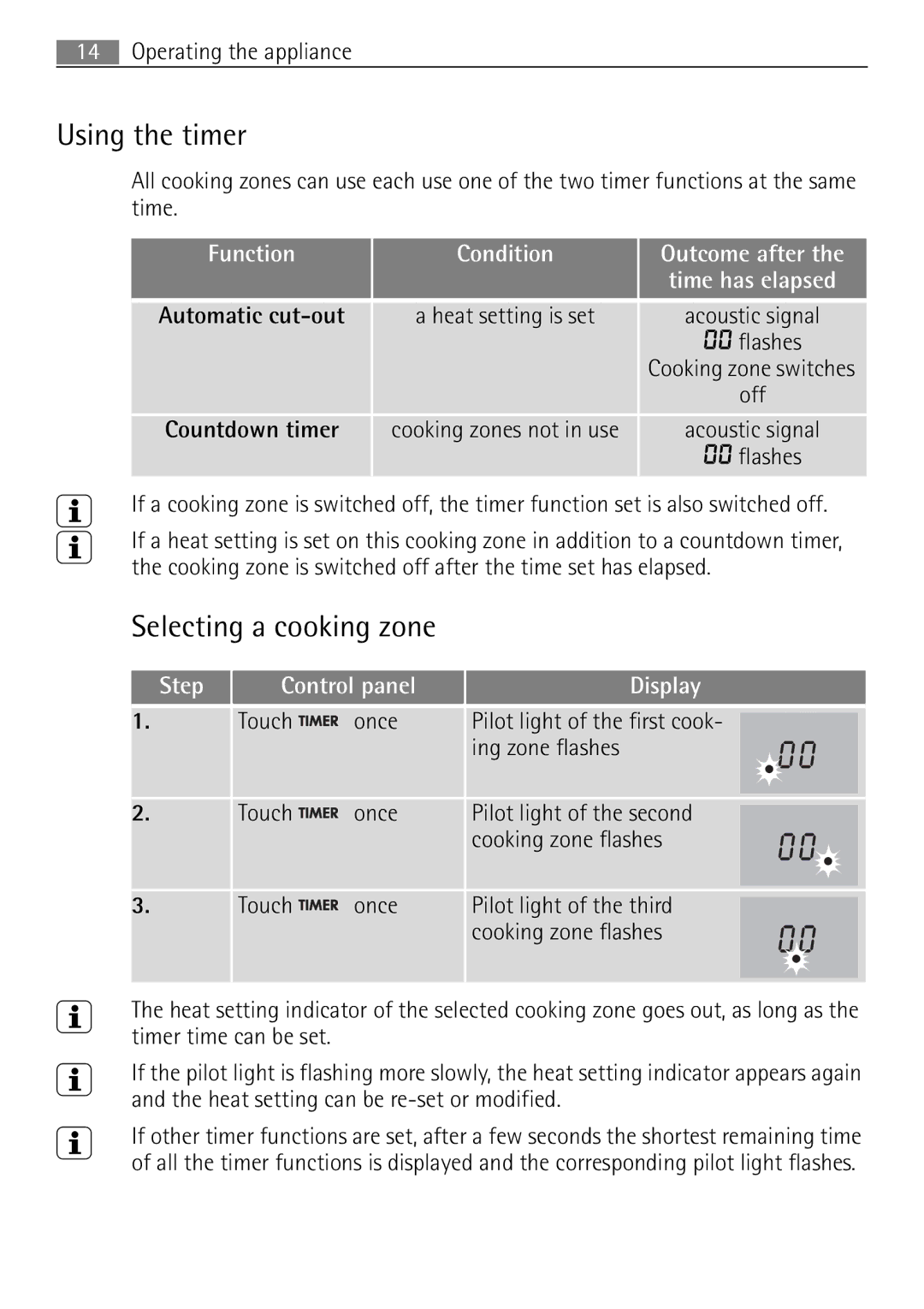 Electrolux 98001 KF SN user manual Using the timer, Selecting a cooking zone 