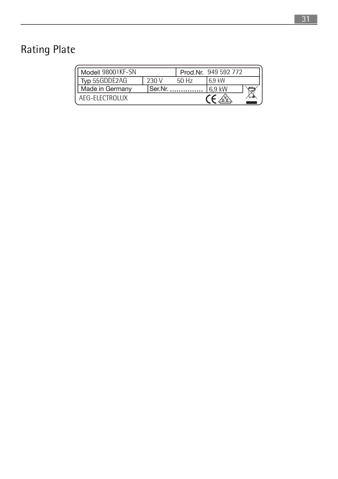 Electrolux 98001 KF SN user manual Rating Plate 