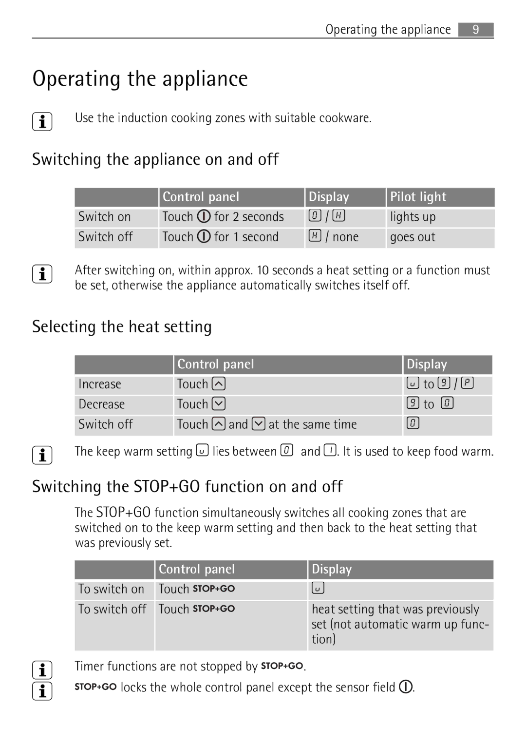 Electrolux 98001 KF SN user manual Operating the appliance, Switching the appliance on and off, Selecting the heat setting 