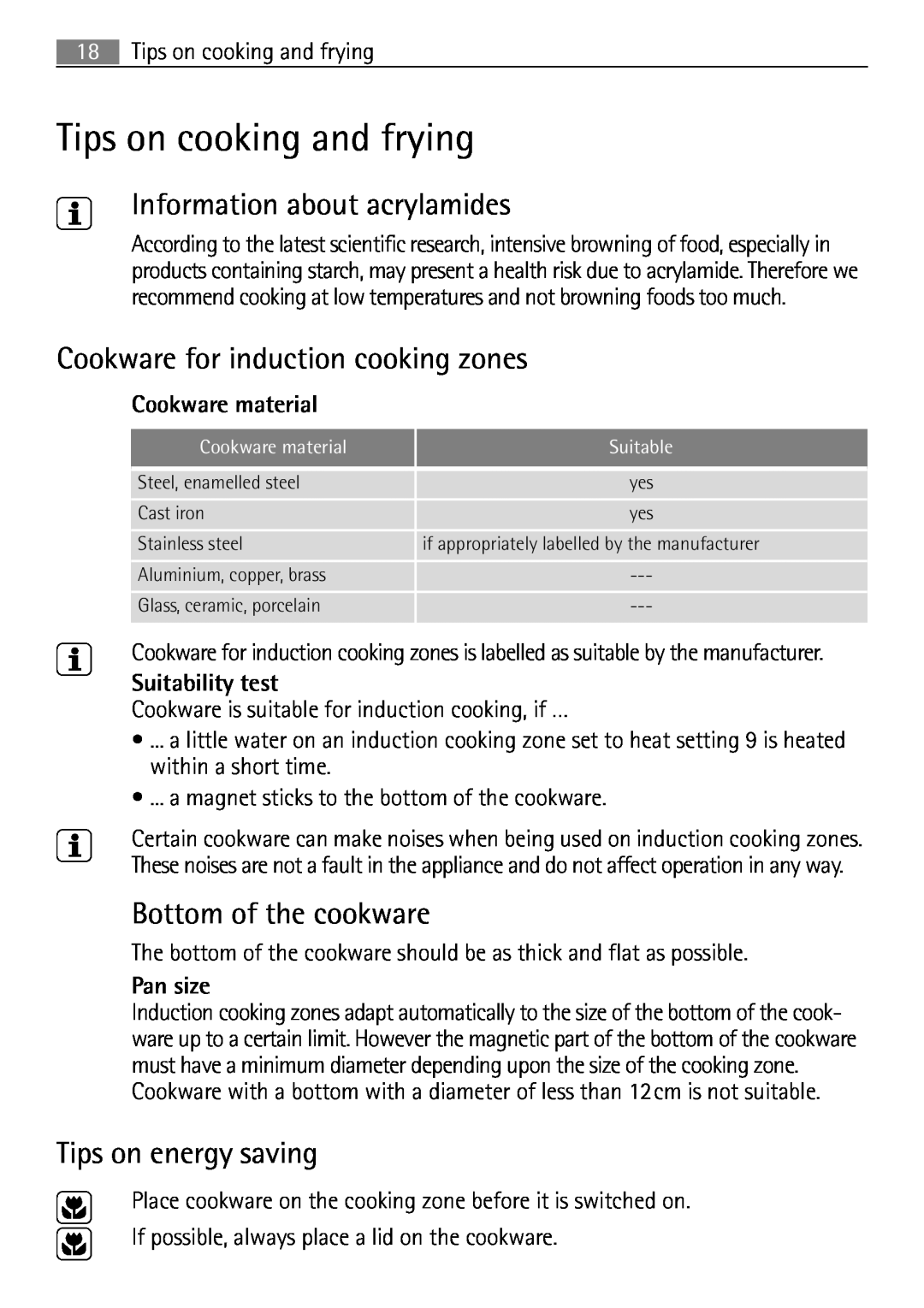 Electrolux 98001 KF SN Tips on cooking and frying, Information about acrylamides, Cookware for induction cooking zones 