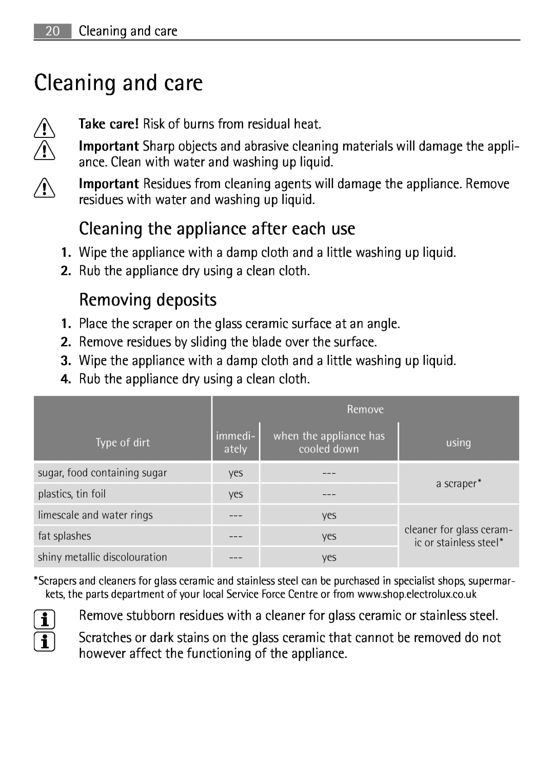 Electrolux 98001 KF SN user manual Cleaning and care, Cleaning the appliance after each use, Removing deposits 