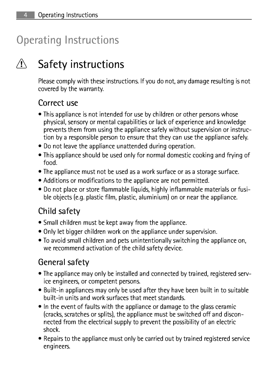 Electrolux 98001 KF SN user manual Operating Instructions, Safety instructions, Correct use, Child safety, General safety 