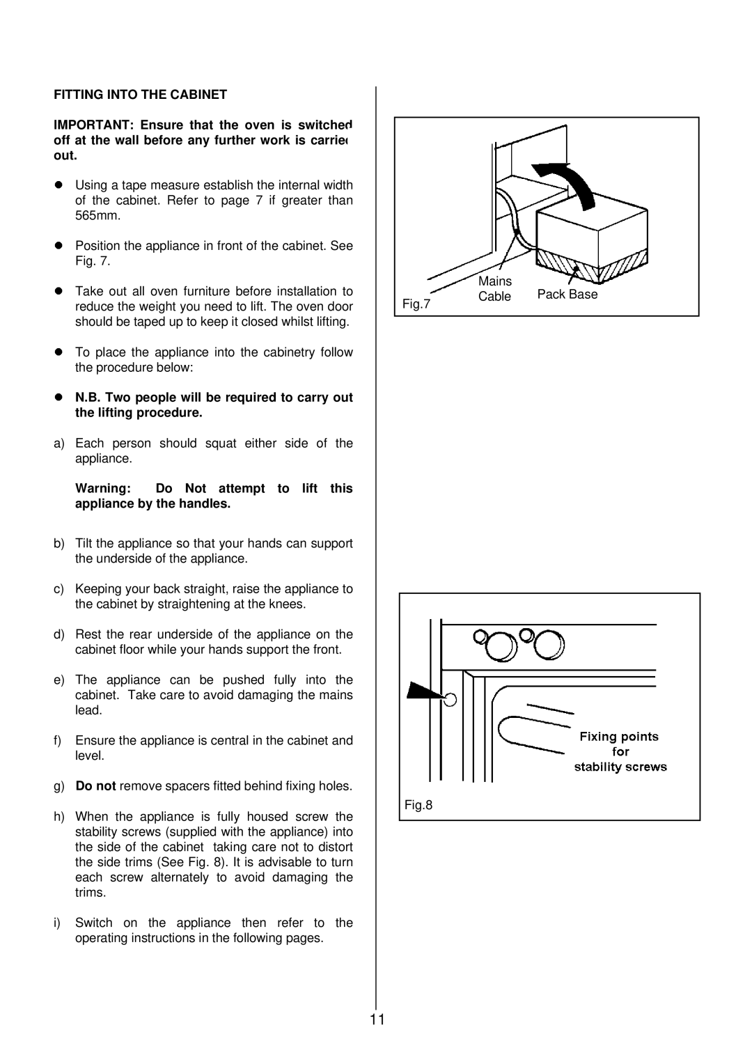 Electrolux 985 manual Fitting Into the Cabinet 