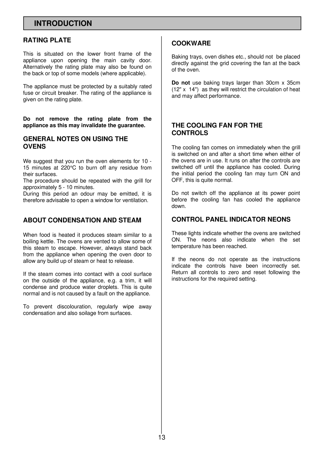 Electrolux 985 manual Rating Plate, General Notes on Using the Ovens, About Condensation and Steam, Cookware 