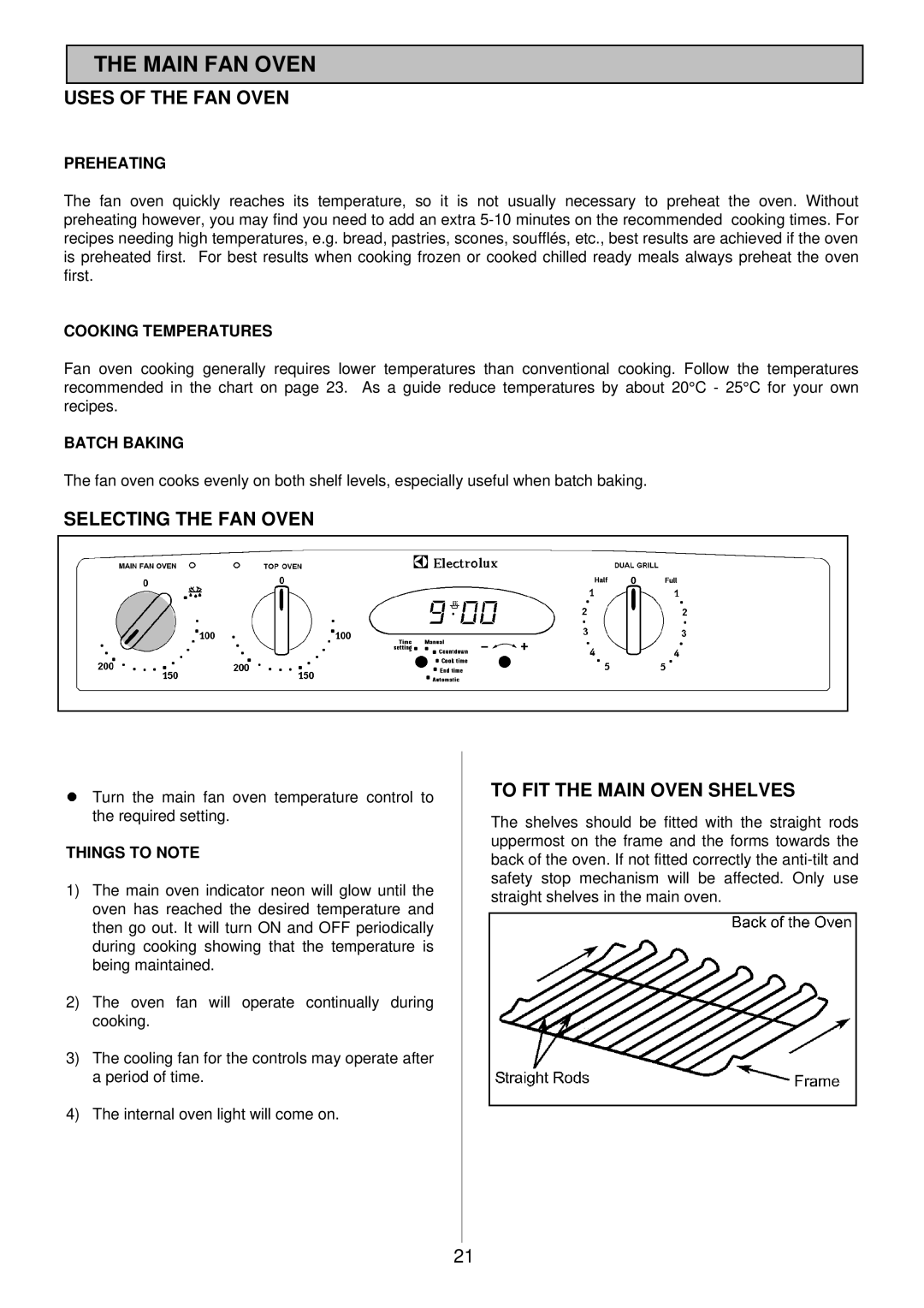 Electrolux 985 manual Main FAN Oven, Uses of the FAN Oven, Selecting the FAN Oven, To FIT the Main Oven Shelves 