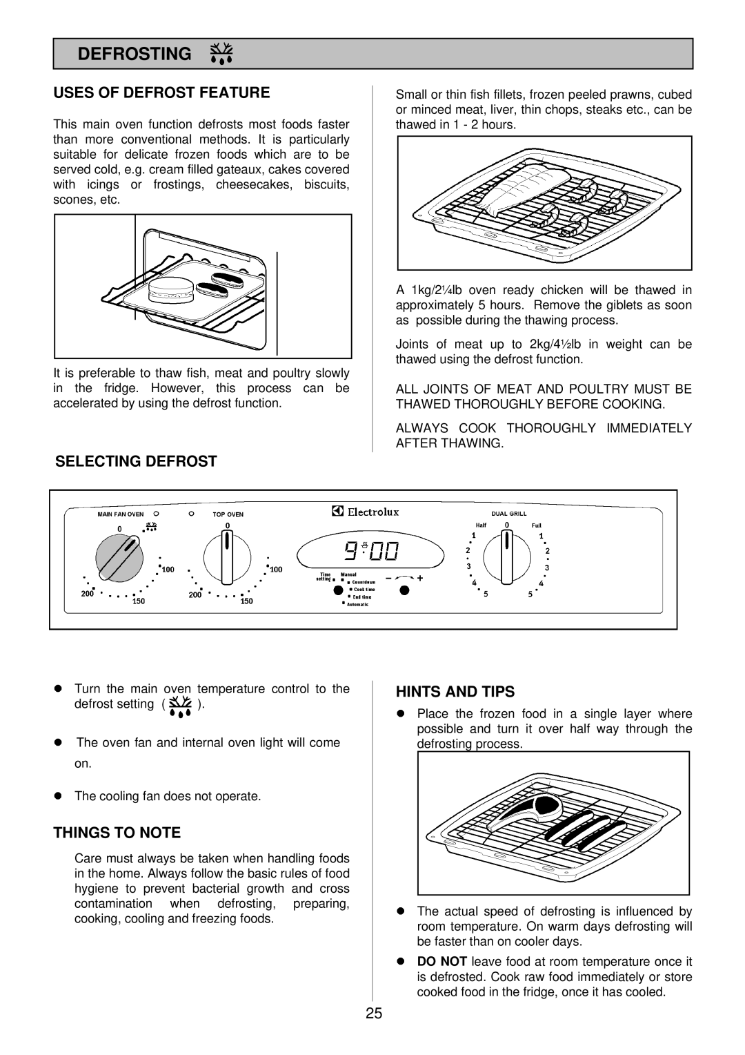 Electrolux 985 manual Defrosting, Uses of Defrost Feature, Selecting Defrost, Hints and Tips 