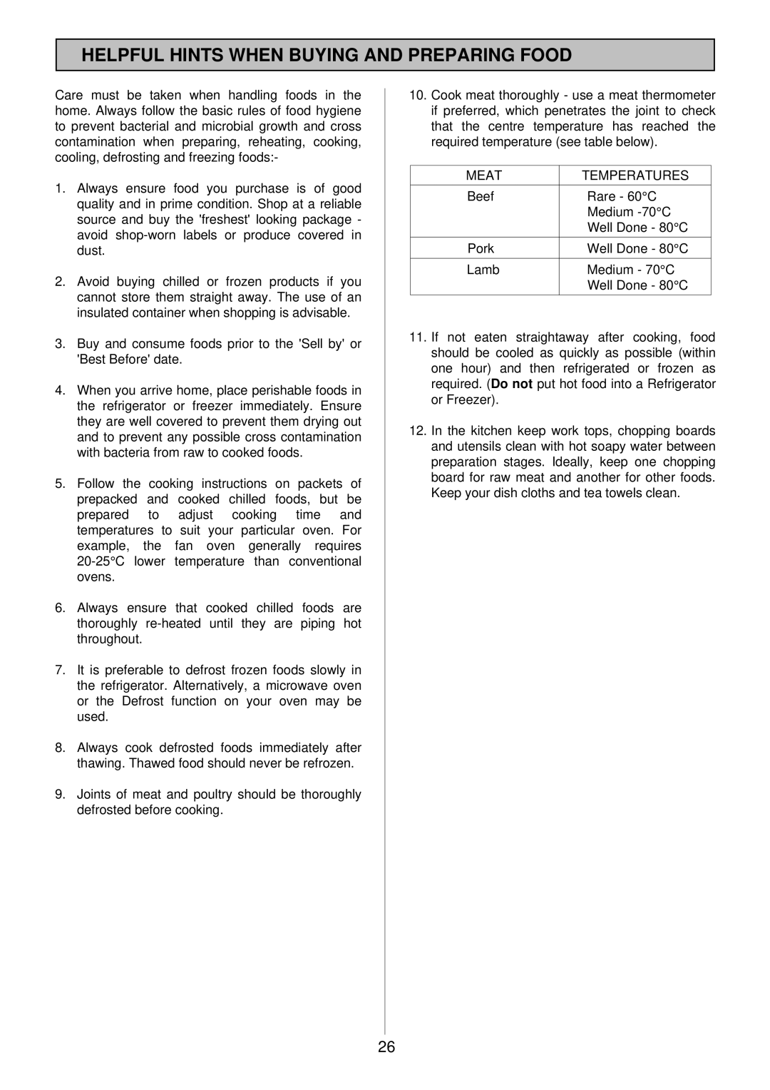 Electrolux 985 manual Helpful Hints When Buying and Preparing Food, Meat Temperatures 