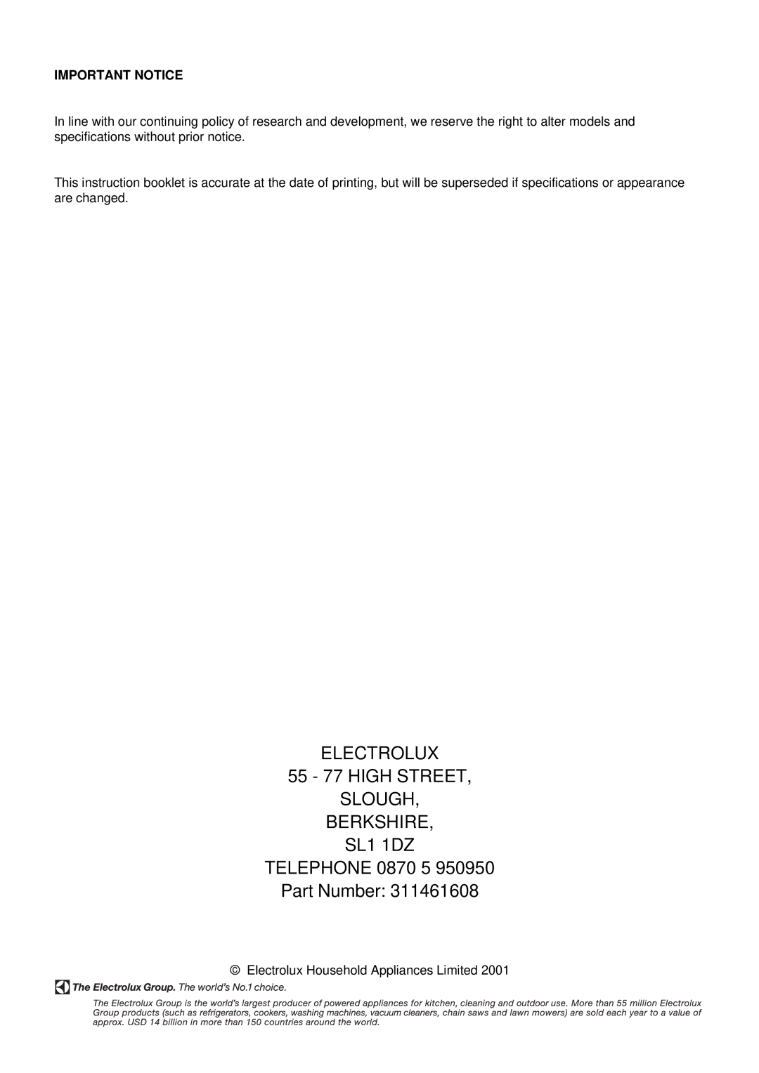 Electrolux 985 manual Important Notice 