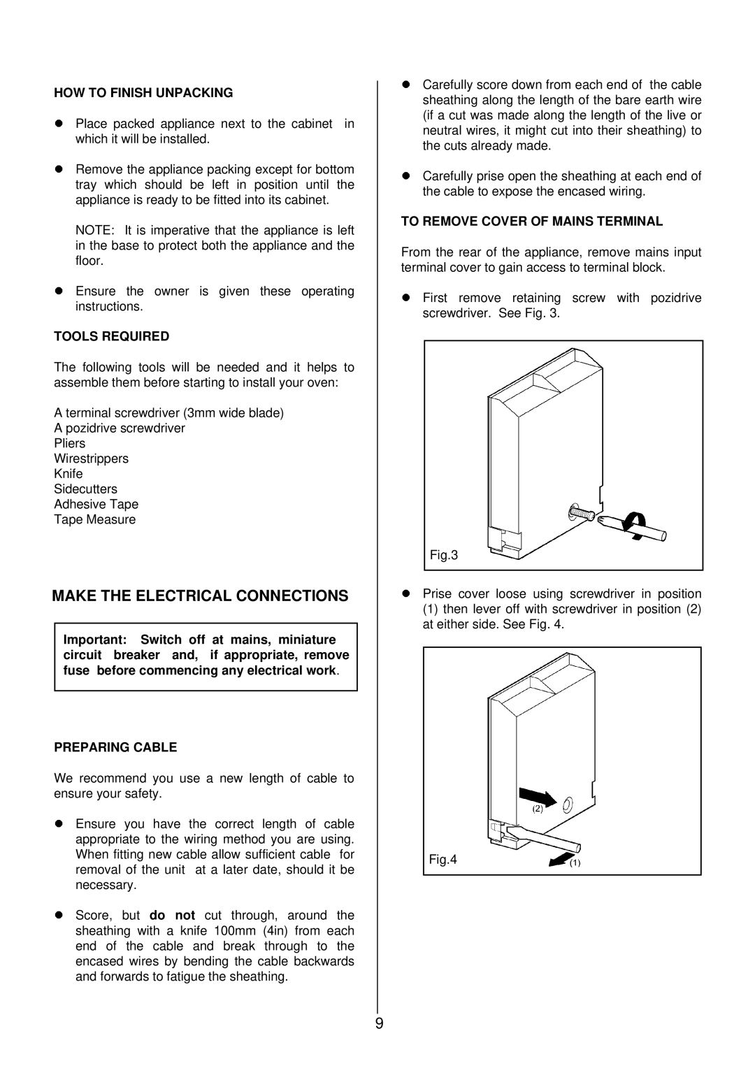 Electrolux 985 manual Make the Electrical Connections, HOW to Finish Unpacking, Tools Required, Preparing Cable 