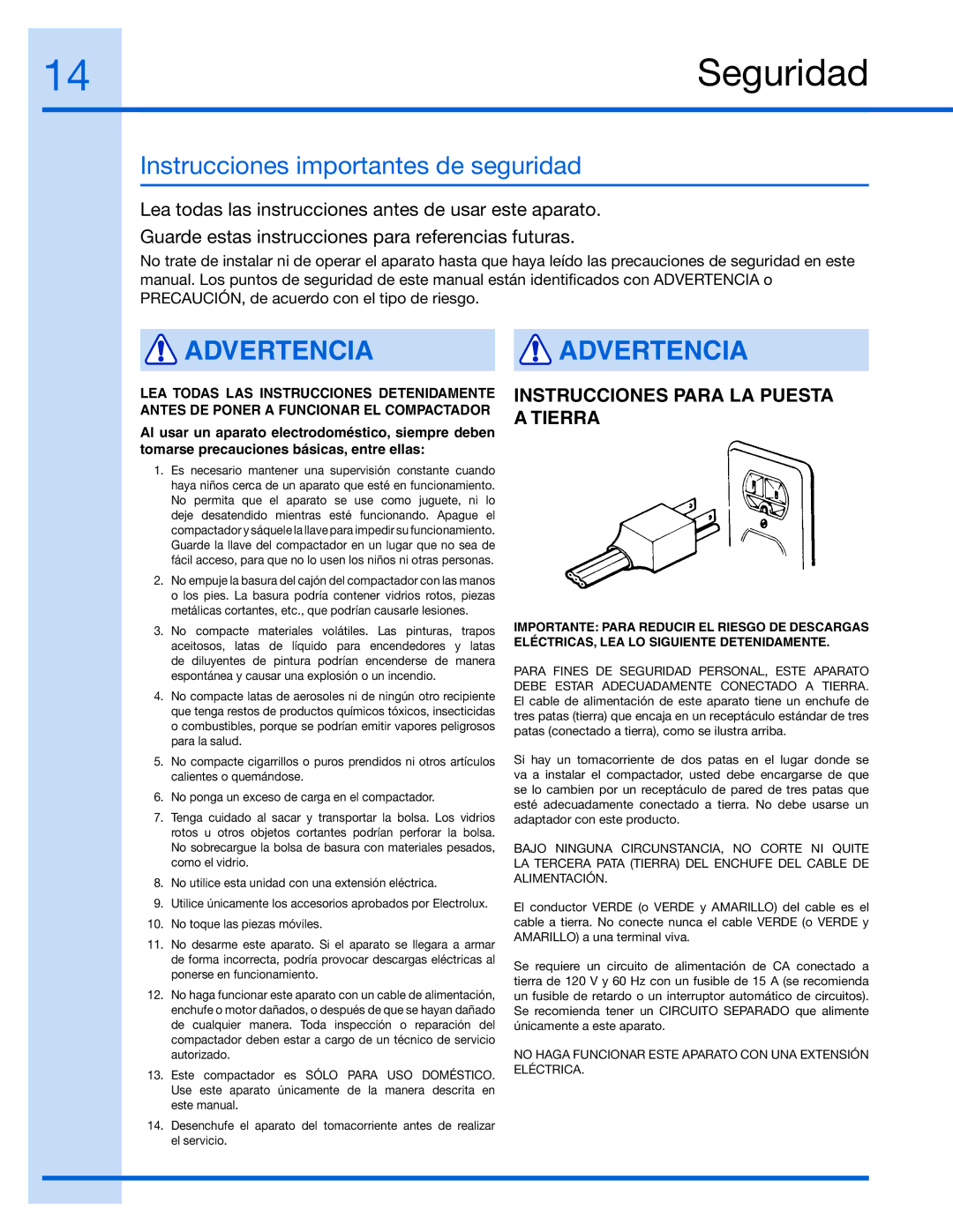 Electrolux 99526808A, E15TC75HPS manual Seguridad, Instrucciones importantes de seguridad 