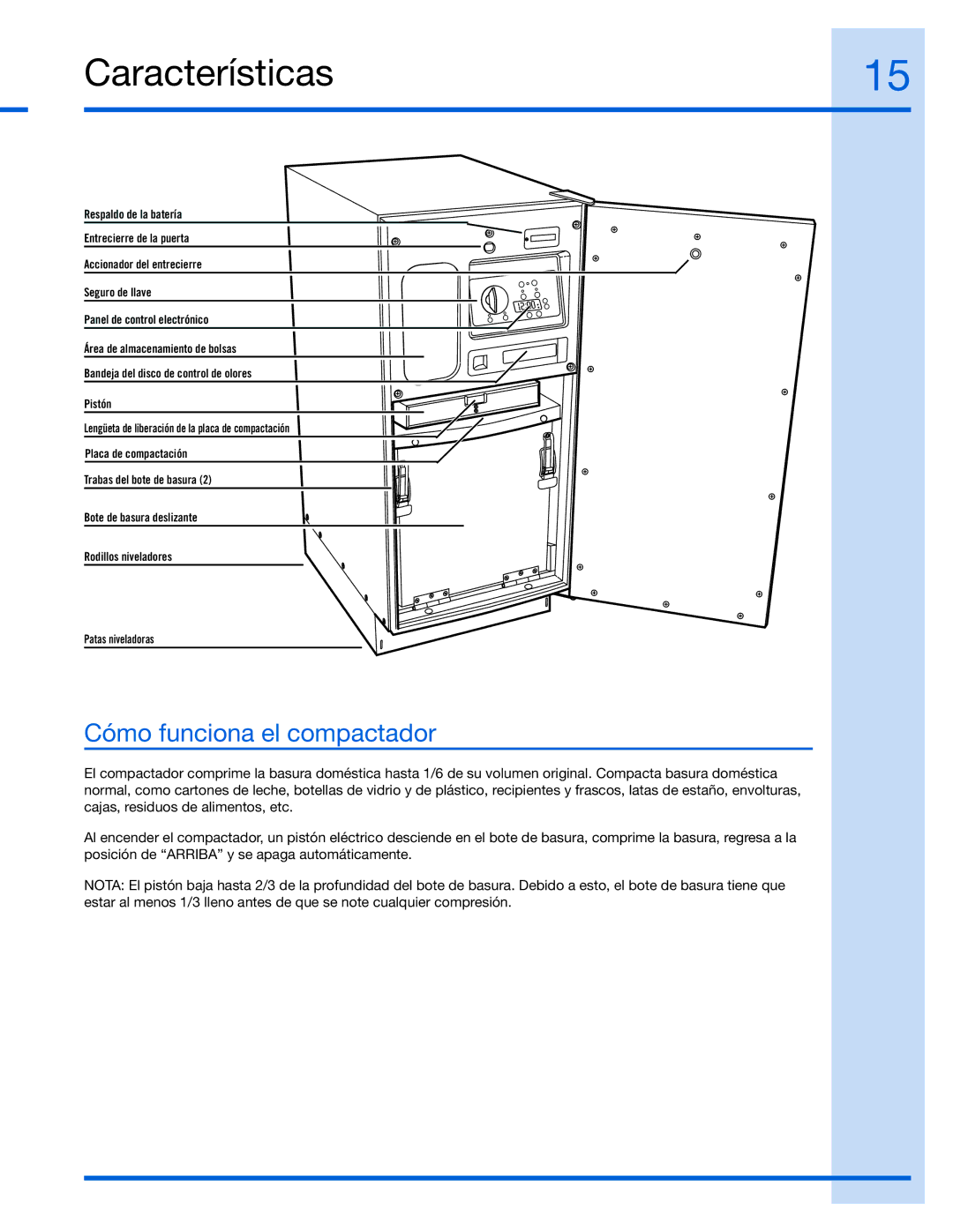 Electrolux E15TC75HPS, 99526808A manual Características, Cómo funciona el compactador 