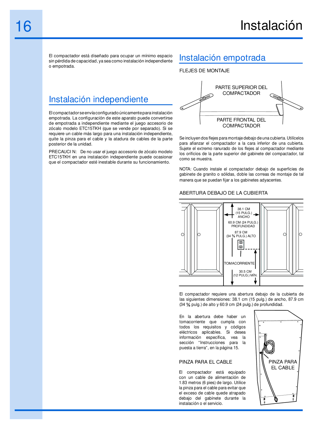 Electrolux 99526808A, E15TC75HPS manual Instalación independiente, Instalación empotrada 