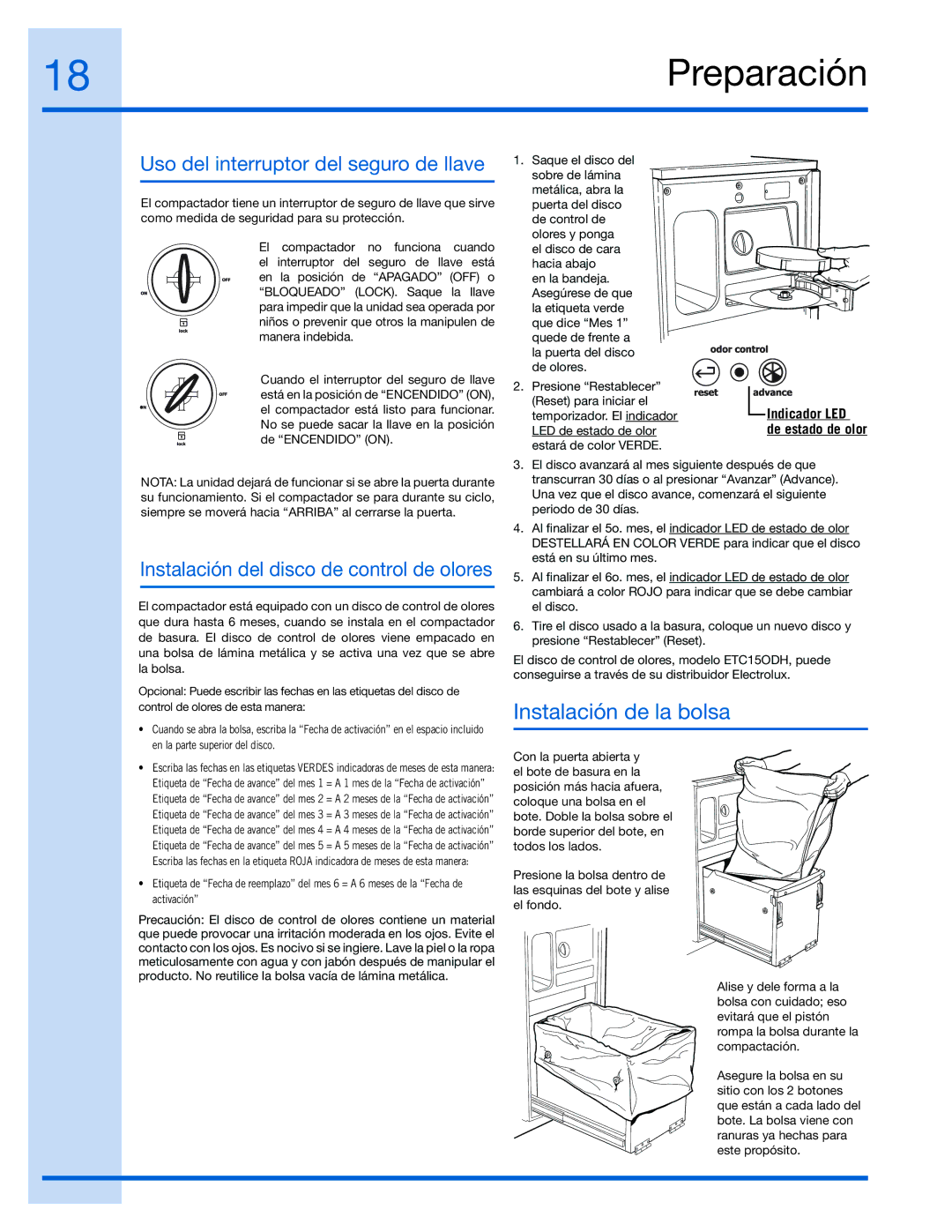 Electrolux 99526808A, E15TC75HPS manual Preparación, Uso del interruptor del seguro de llave 