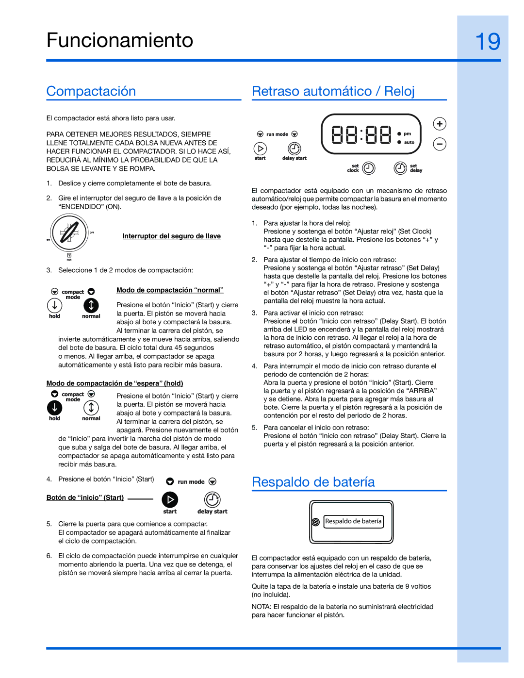 Electrolux E15TC75HPS, 99526808A manual Compactación Retraso automático / Reloj, Respaldo de batería 