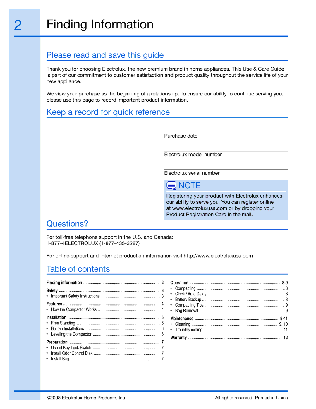 Electrolux 99526808A  Finding Information, Please read and save this guide, Keep a record for quick reference, Questions? 