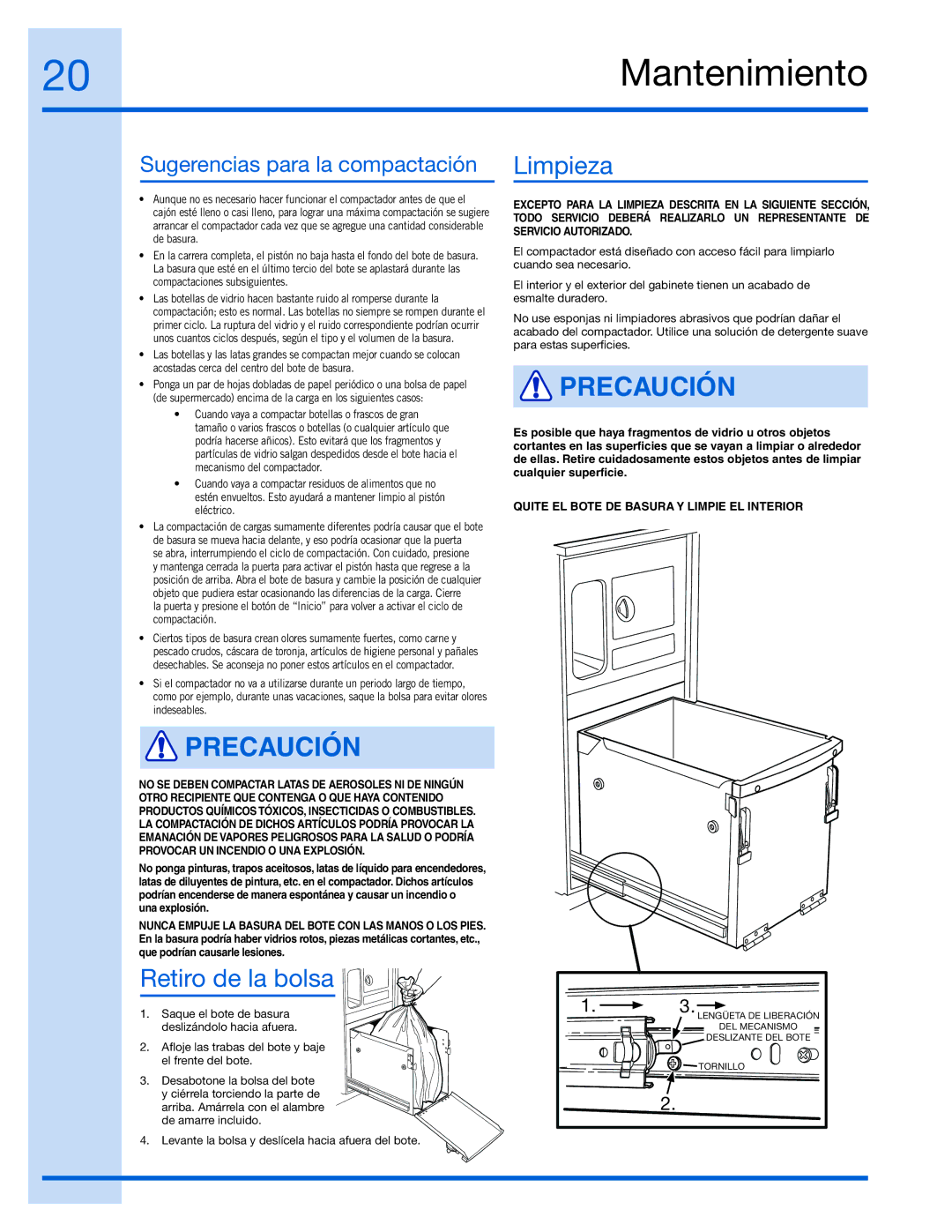 Electrolux 99526808A, E15TC75HPS manual Mantenimiento, Retiro de la bolsa, Limpieza 