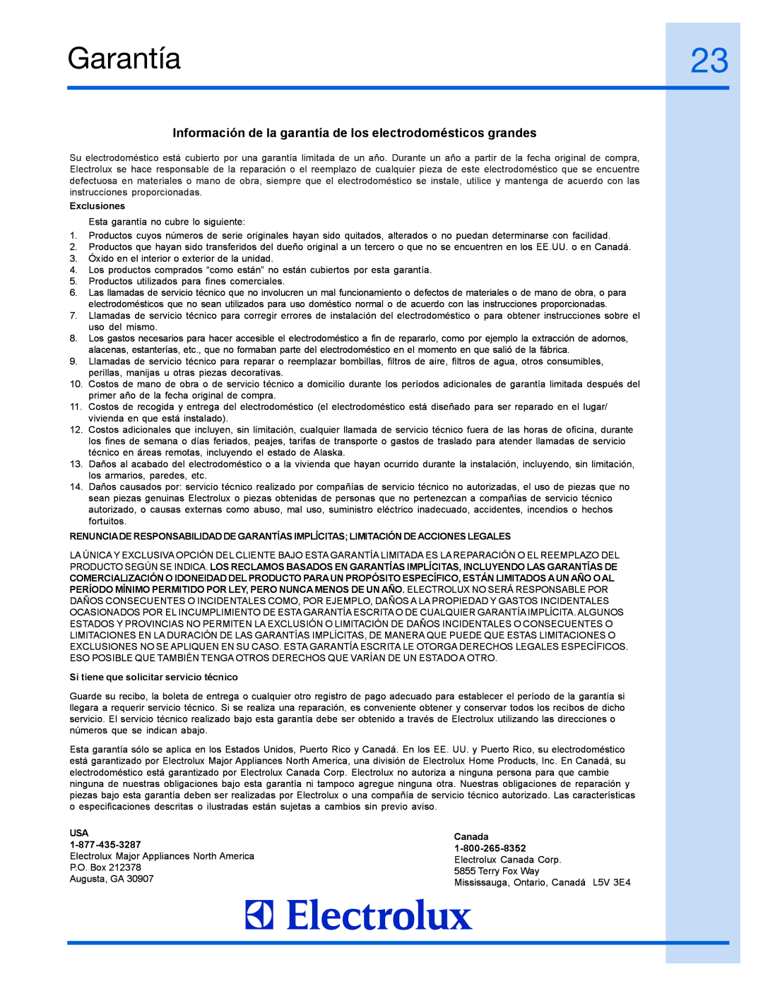 Electrolux E15TC75HPS, 99526808A manual Garantía, Información de la garantía de los electrodomésticos grandes 