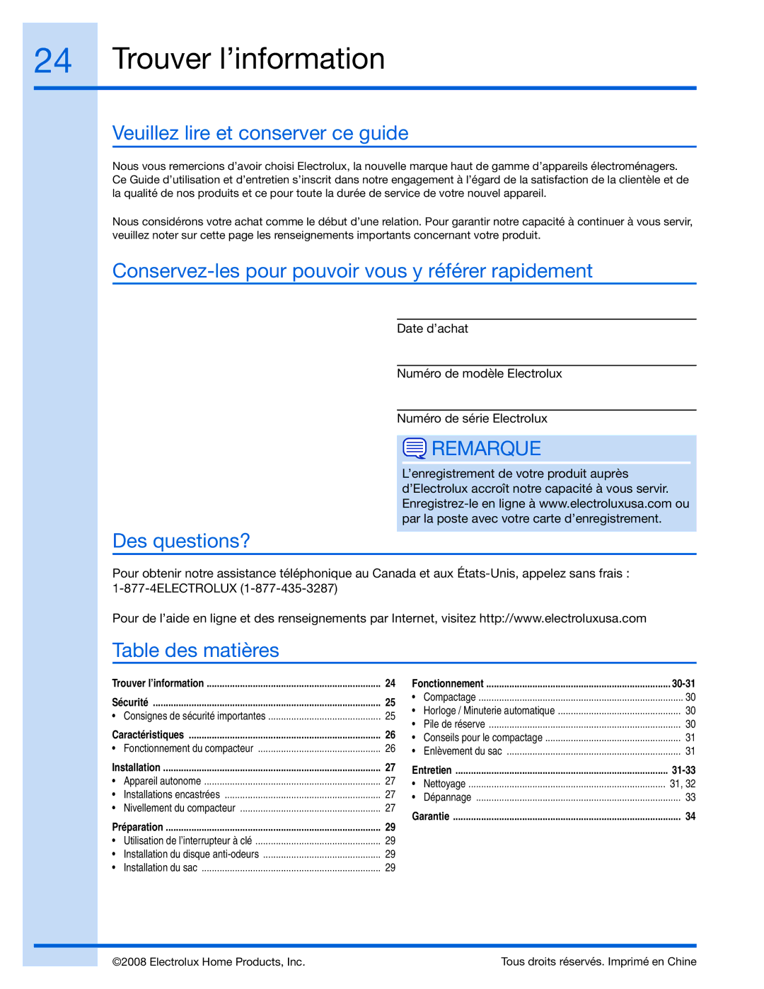 Electrolux 99526808A manual Trouver l’information, Veuillez lire et conserver ce guide, Des questions?, Table des matières 