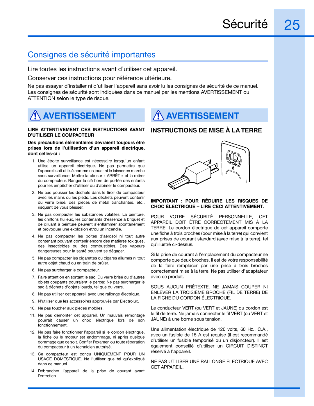 Electrolux E15TC75HPS, 99526808A manual Sécurité, Consignes de sécurité importantes 